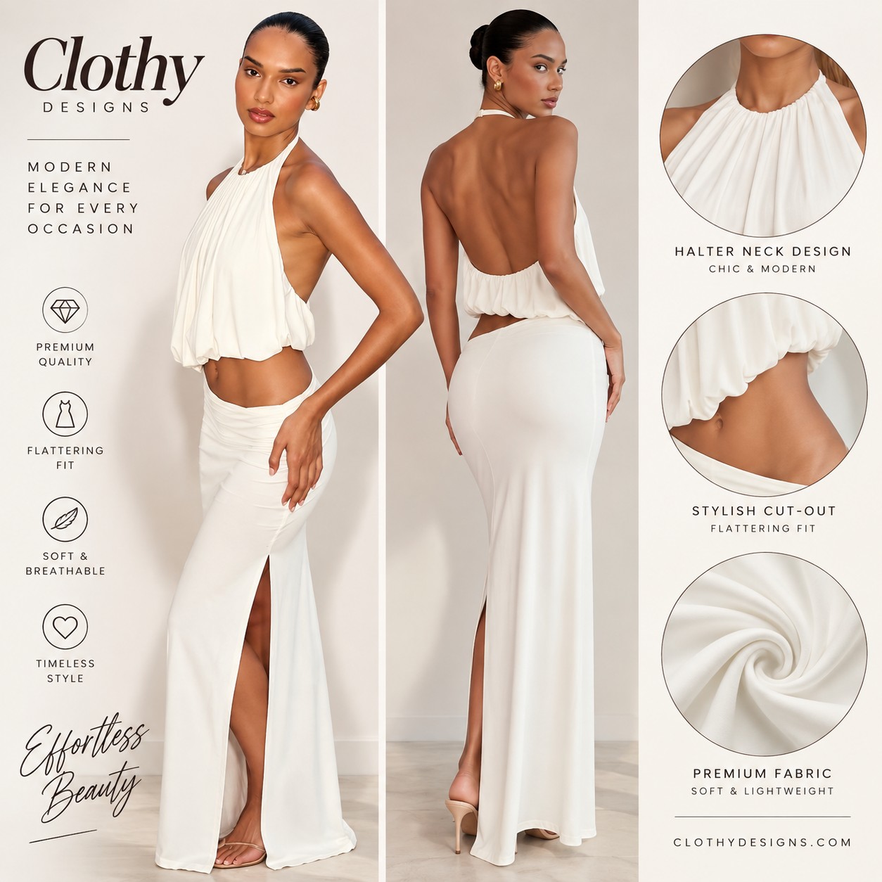 Women's White Halter Ruched Top & Maxi Skirt Set – Backless Sleeveless Elegant Party Outfit